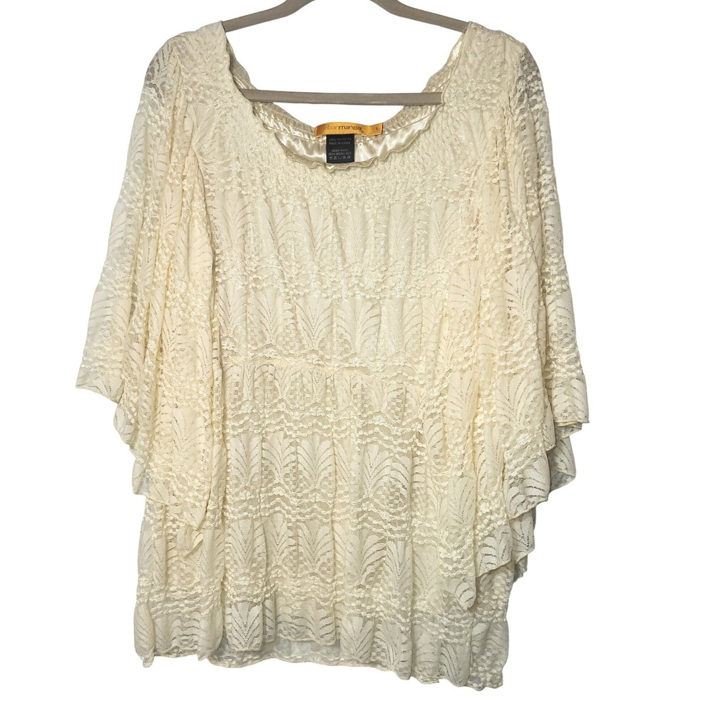 Urban Mango Cream Lace Flutter Sleeve Blouse Tiered Lrg‎ Cottagecore Angel Fairy
